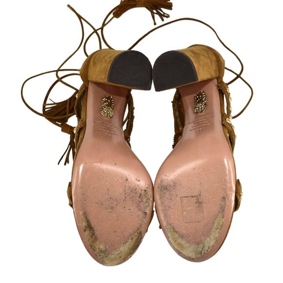 D0 Auth AQUAZZURA FIRENZE Tulum Fringed Cognac Suede Hi Heel Sandals Sz 39 $930 - Picture 6 of 8